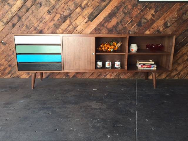 Mid Century Style Custom Walnut Credenza with 4 drawers and sliding doors