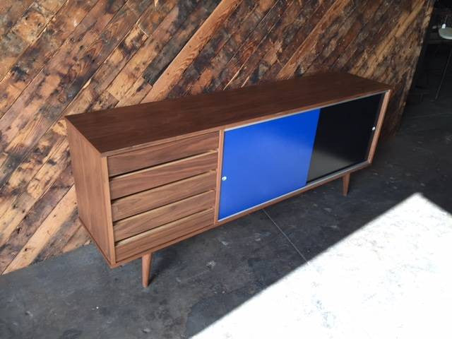 Mid Century Style Custom Blue Black Large Credenza with 5 drawers and sliding doors