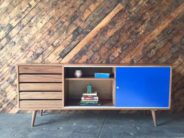 Mid Century Style Custom Blue Black Large Credenza with 5 drawers and sliding doors
