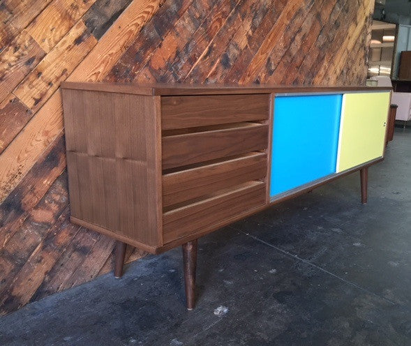 Mid Century Style Custom Walnut Credenza with 4 drawers and 2 painted doors