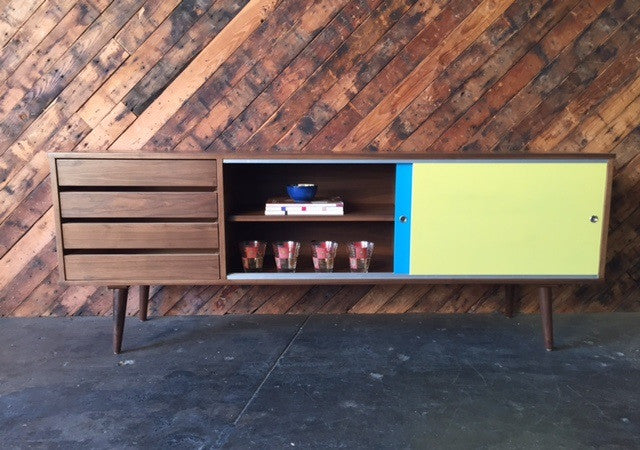 Mid Century Style Custom Walnut Credenza with 4 drawers and 2 painted doors