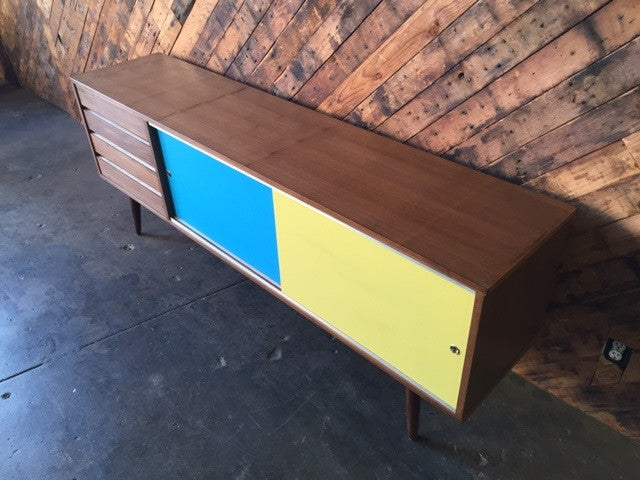Mid Century Style Custom Walnut Credenza with 4 drawers and 2 painted doors