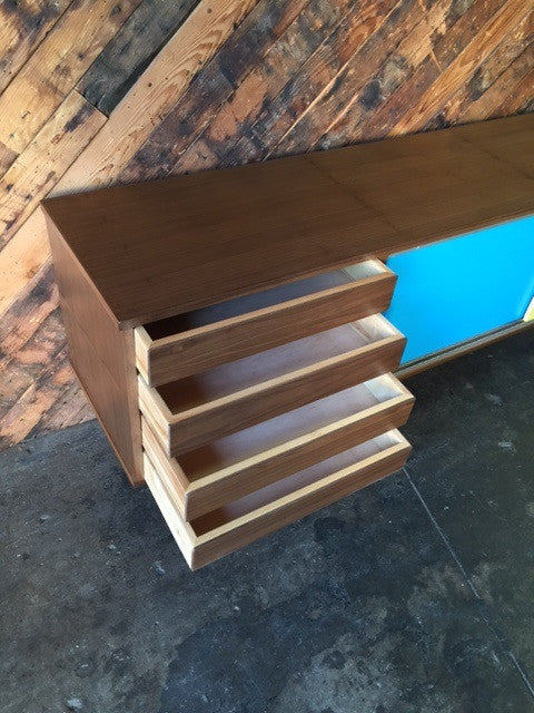 Mid Century Style Custom Walnut Credenza with 4 drawers and 2 painted doors