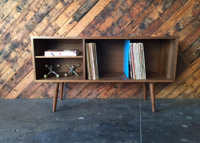 Mid Century Style Custom Walnut Record Bar Credenza with 2 record bays and 2 media bays