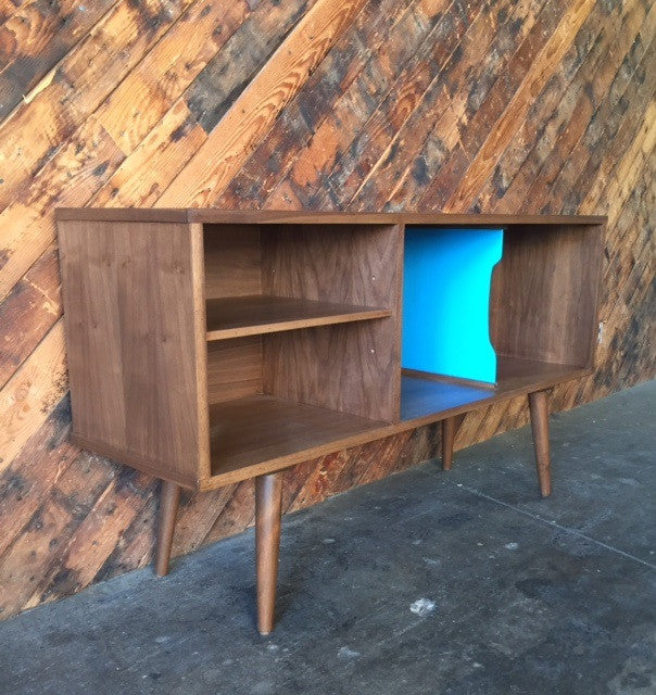 Mid Century Style Custom Walnut Record Bar Credenza with 2 record bays and 2 media bays