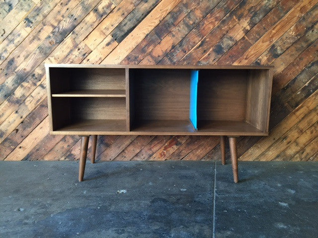 Mid Century Style Custom Walnut Record Bar Credenza with 2 record bays and 2 media bays