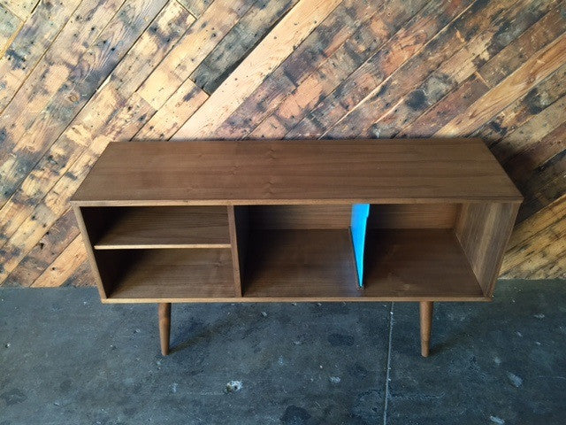 Mid Century Style Custom Walnut Record Bar Credenza with 2 record bays and 2 media bays