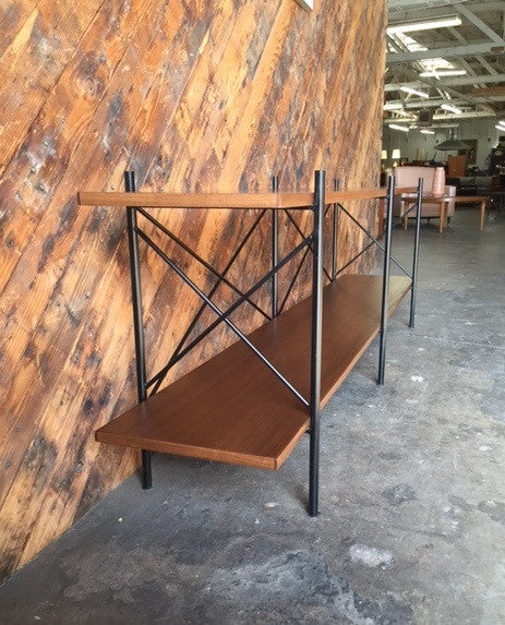 Custom Hand Made Iron Walnut Shelf, Mid Century Style with 2 bays