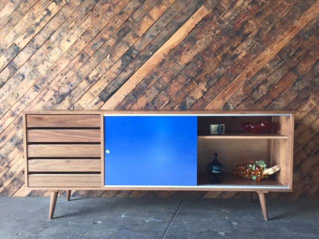 Mid Century Style Custom Blue Black Large Credenza with 5 drawers and sliding doors
