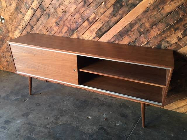 Mid Century Style Custom Walnut Credenza with 2 large sliding doors