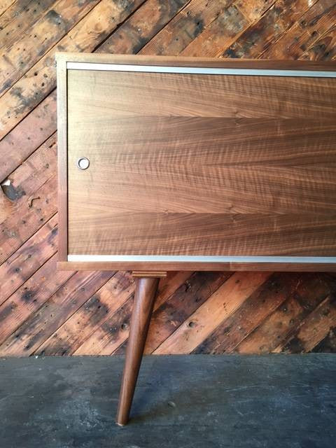 Mid Century Style Custom Walnut Credenza with 2 large sliding doors