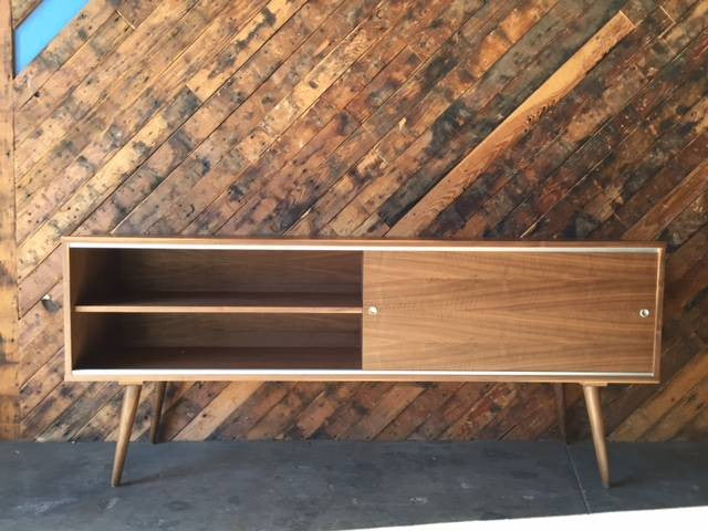 Mid Century Style Custom Walnut Credenza with 2 large sliding doors