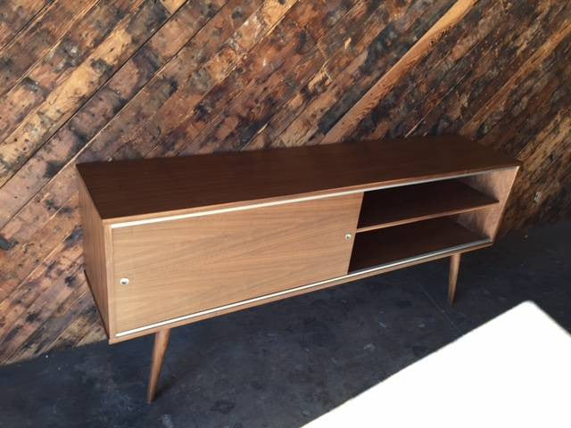 Mid Century Style Custom Walnut Credenza with 2 large sliding doors