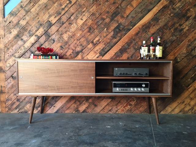 Mid Century Style Custom Walnut Credenza with 2 large sliding doors