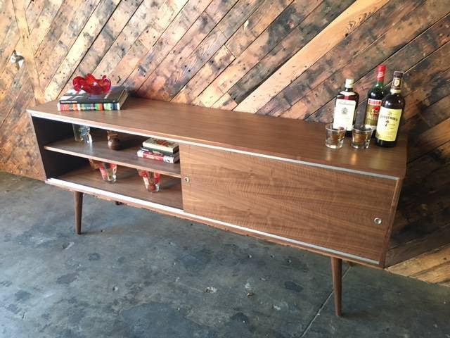 Mid Century Style Custom Walnut Credenza with 2 large sliding doors