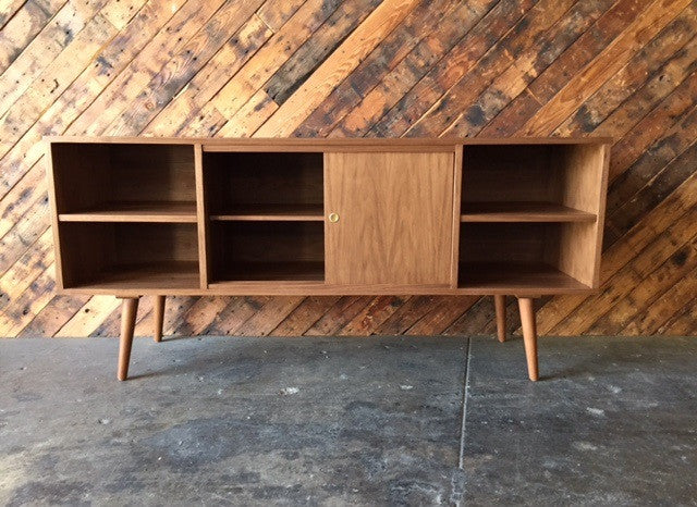 Mid Century Style Custom Walnut Compact Credenza with 3 bays and 2 sliding doors