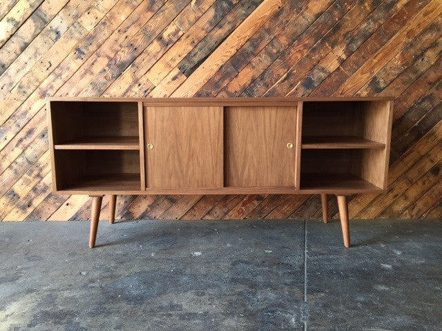 Mid Century Style Custom Walnut Compact Credenza with 3 bays and 2 sliding doors
