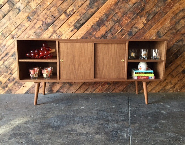 Mid Century Style Custom Walnut Compact Credenza with 3 bays and 2 sliding doors