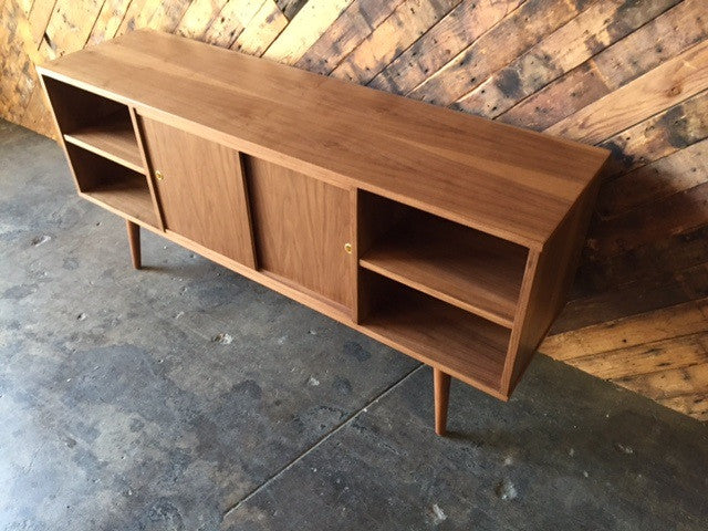 Mid Century Style Custom Walnut Compact Credenza with 3 bays and 2 sliding doors