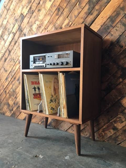 Mid Century Style Mini Credenza Record Stand with 3 record bays and media bay