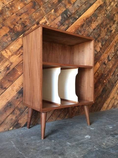 Mid Century Style Mini Credenza Record Stand with 3 record bays and media bay