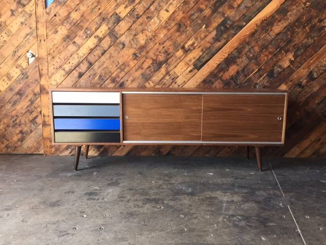 Mid Century Style Custom Walnut Credenza with metal track and 4 painted doors