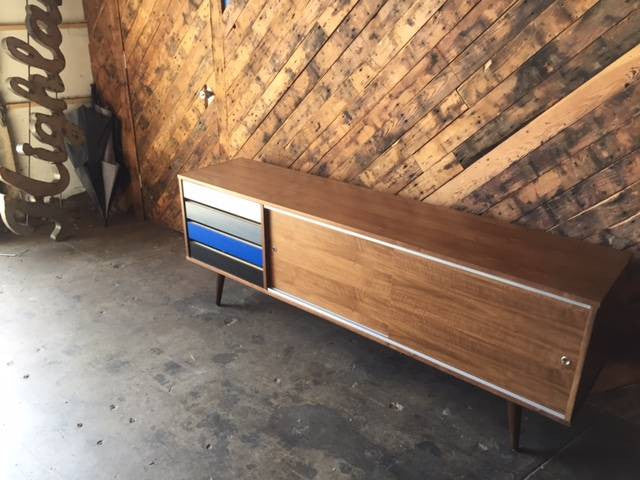 Mid Century Style Custom Walnut Credenza with metal track and 4 painted doors