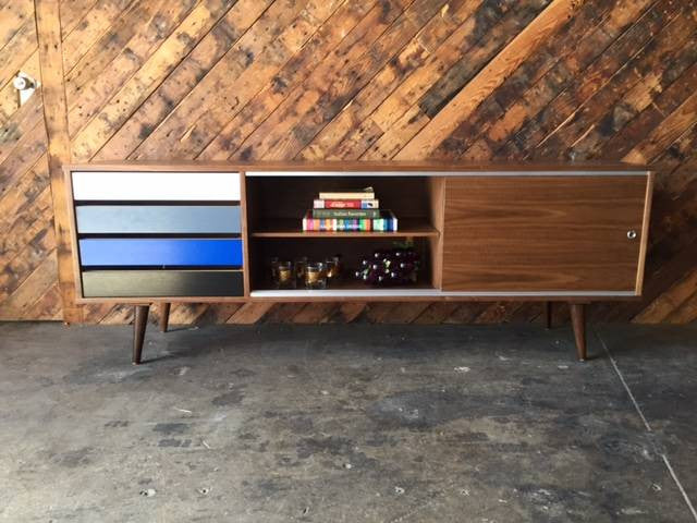 Mid Century Style Custom Walnut Credenza with metal track and 4 painted doors