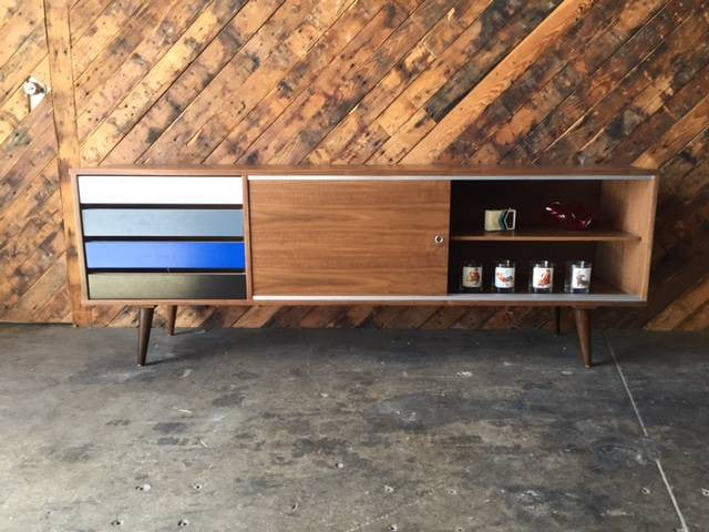 Mid Century Style Custom Walnut Credenza with metal track and 4 painted doors