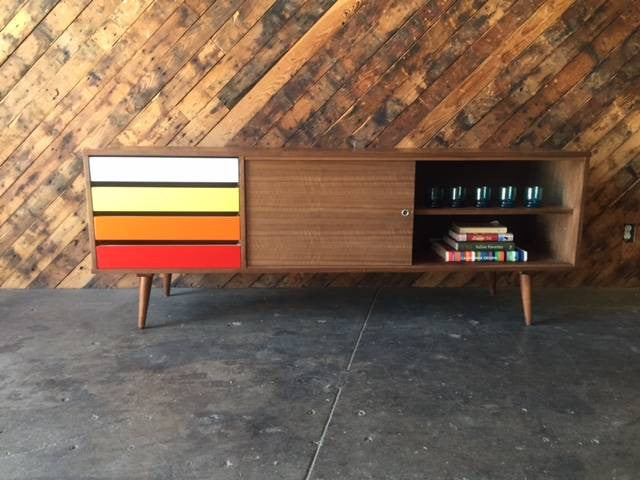 Mid Century Style Custom Walnut Credenza with 4 painted drawers