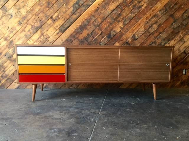 Mid Century Style Custom Walnut Credenza with 4 painted drawers