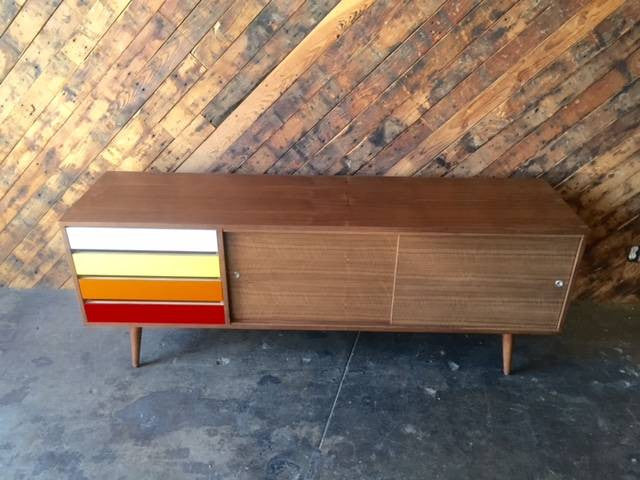 Mid Century Style Custom Walnut Credenza with 4 painted drawers