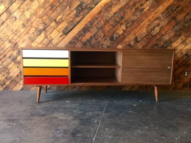 Mid Century Style Custom Walnut Credenza with 4 painted drawers