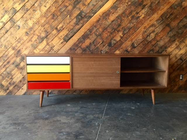 Mid Century Style Custom Walnut Credenza with 4 painted drawers