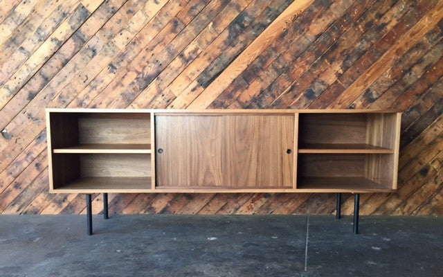 Mid Century Style Custom Walnut Credenza with 3 bays and 2 sliding doors