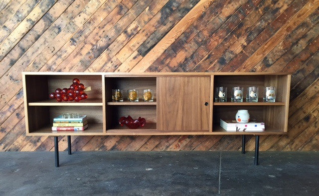 Mid Century Style Custom Walnut Credenza with 3 bays and 2 sliding doors
