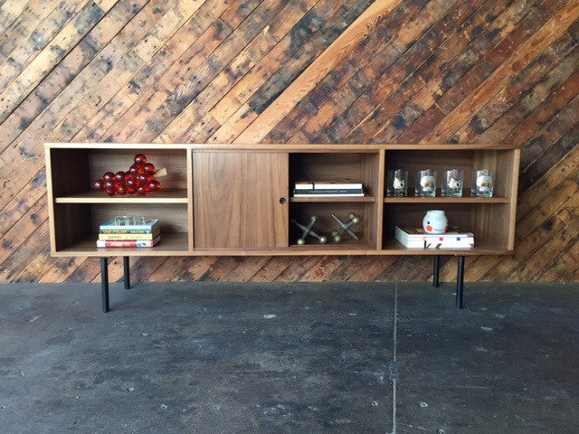 Mid Century Style Custom Walnut Credenza with 3 bays and 2 sliding doors