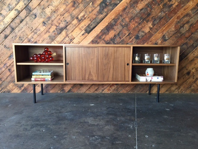 Mid Century Style Custom Walnut Credenza with 3 bays and 2 sliding doors