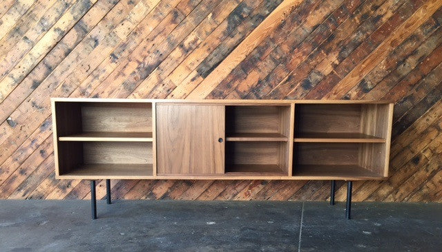 Mid Century Style Custom Walnut Credenza with 3 bays and 2 sliding doors