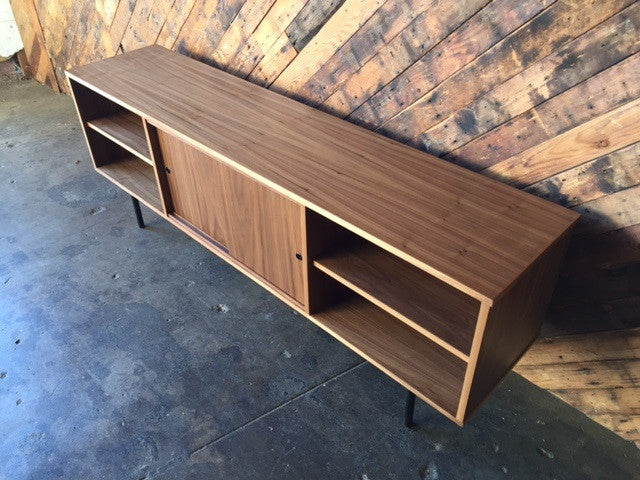 Mid Century Style Custom Walnut Credenza with 3 bays and 2 sliding doors