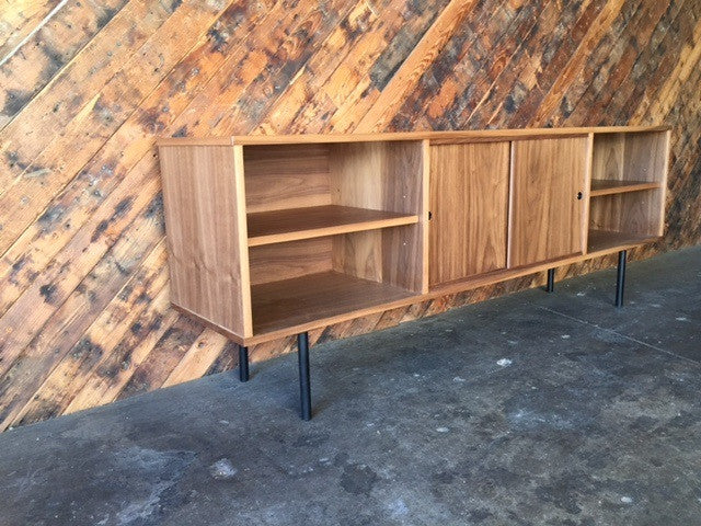 Mid Century Style Custom Walnut Credenza with 3 bays and 2 sliding doors