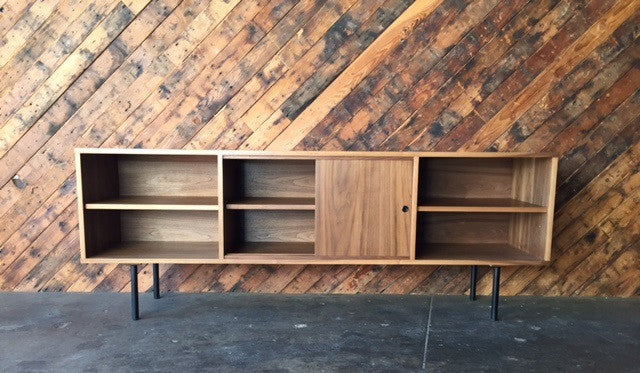 Mid Century Style Custom Walnut Credenza with 3 bays and 2 sliding doors