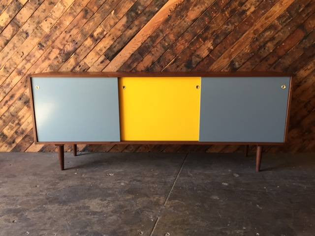 Custom Mid Century Style Grey Yellow Credenza with 3 painted sliding doors