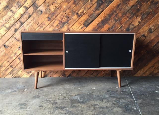 Custom Mid Century Style Walnut Credenza Cabinet