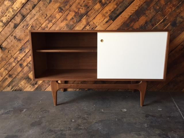 Custom Mid Century Style Walnut Sculpted Base Credenza with painted doors