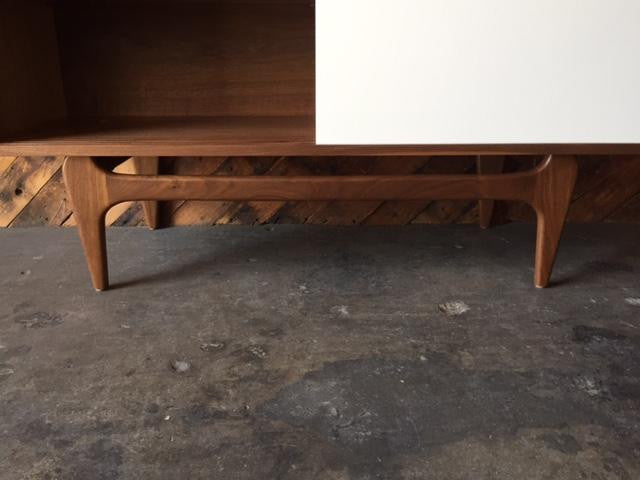 Custom Mid Century Style Walnut Sculpted Base Credenza with painted doors