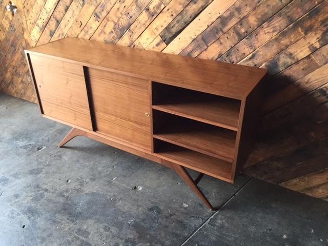 Custom Mid Century Style Walnut Sculpted Base Credenza