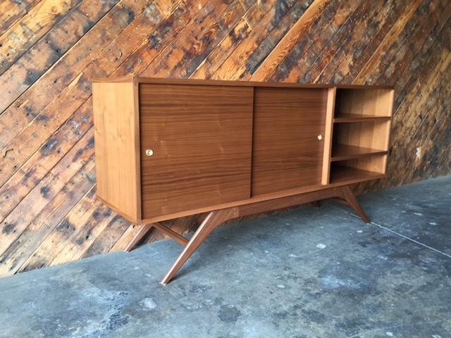 Custom Mid Century Style Walnut Sculpted Base Credenza