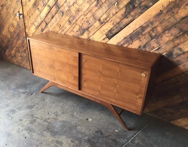 Mid Century Style Custom Walnut Sculpted Base Credenza with shelves only