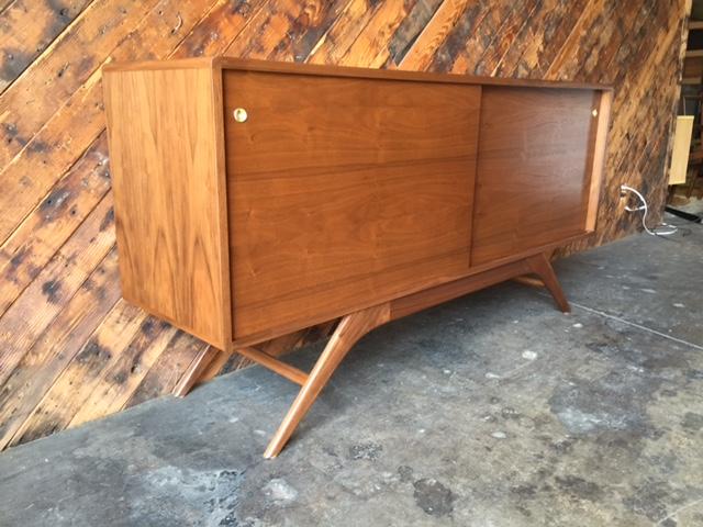 Mid Century Style Custom Walnut Sculpted Base Credenza with shelves only
